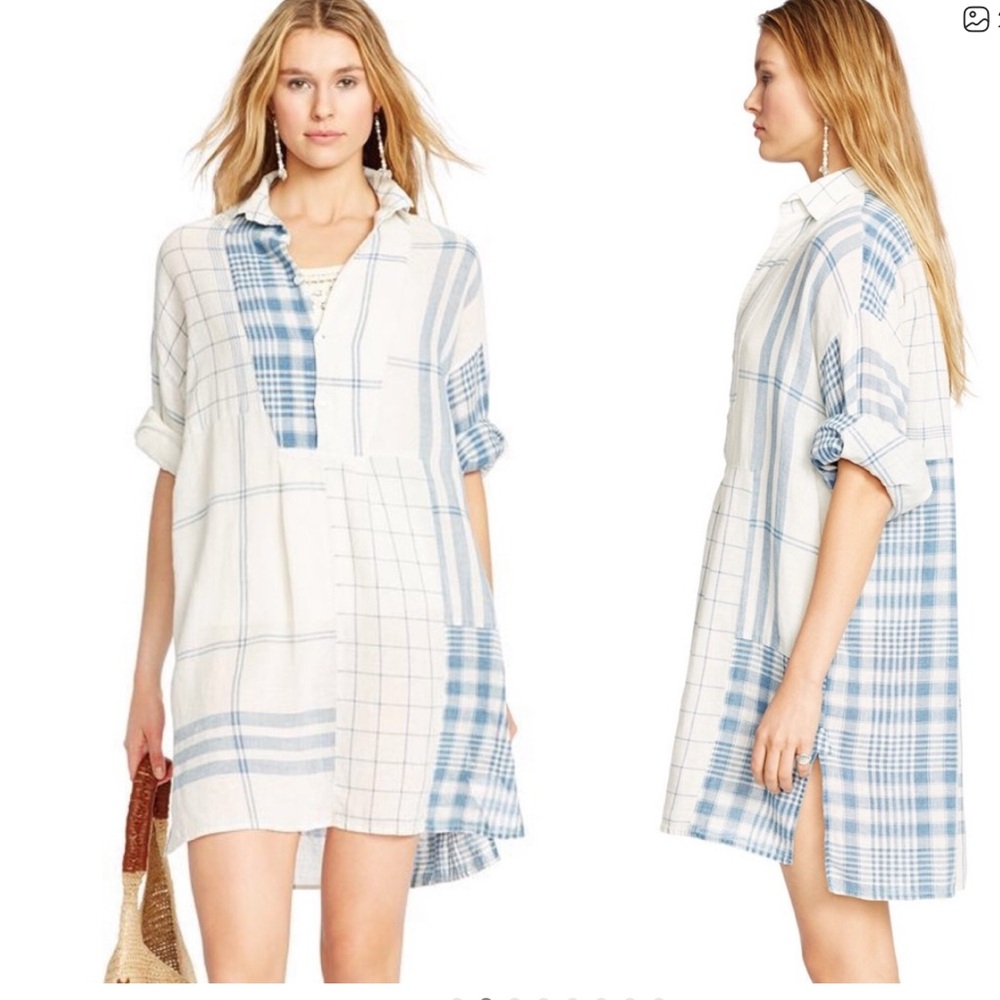 Polo Ralph Lauren Patchwork Pale Blue White Linen Long Sleeve Tunic Dress Medium